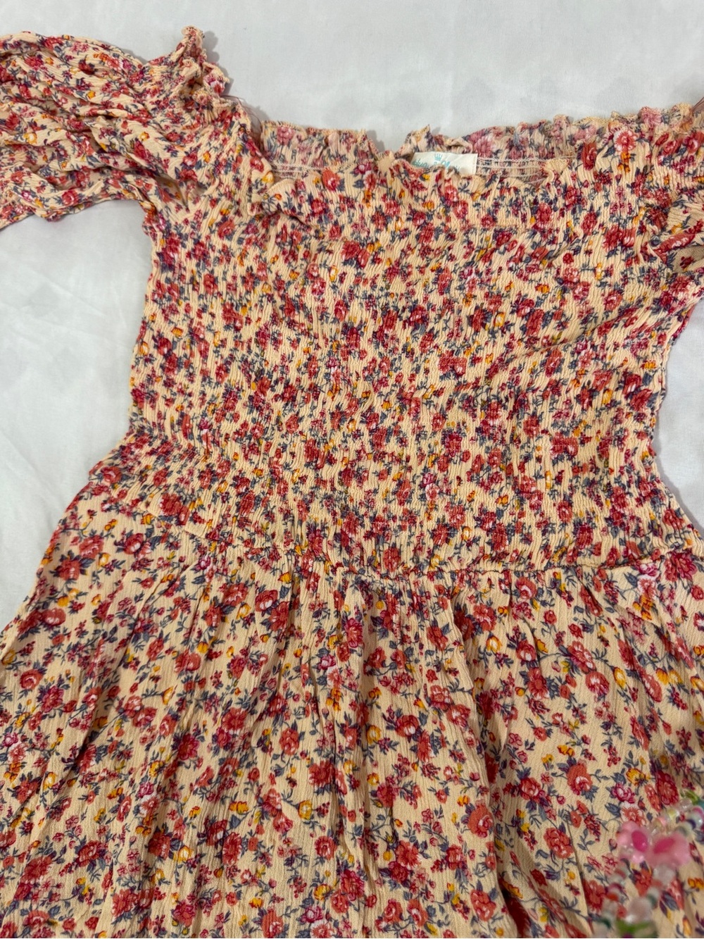 Smocked Floral Maxi Dress in Cream with Pink Bloom - Picture 7 of 11